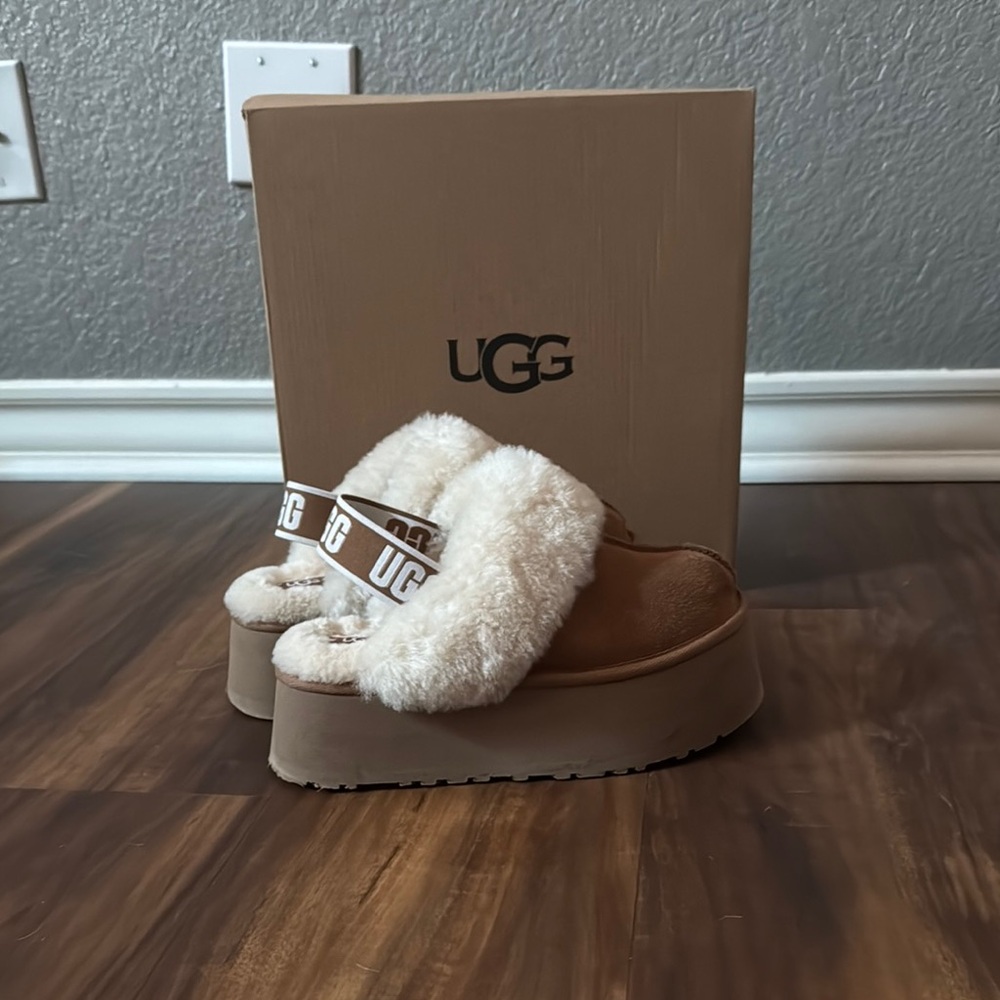 UGG Tan and Cream Fluffy Platform Slippers